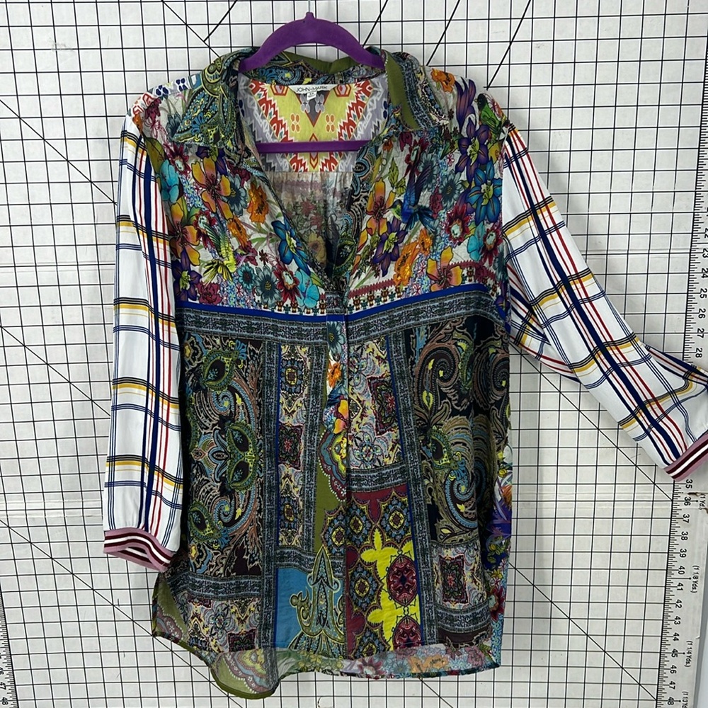 John Mark multi-print floral hummingbird button front pop over tunic top M